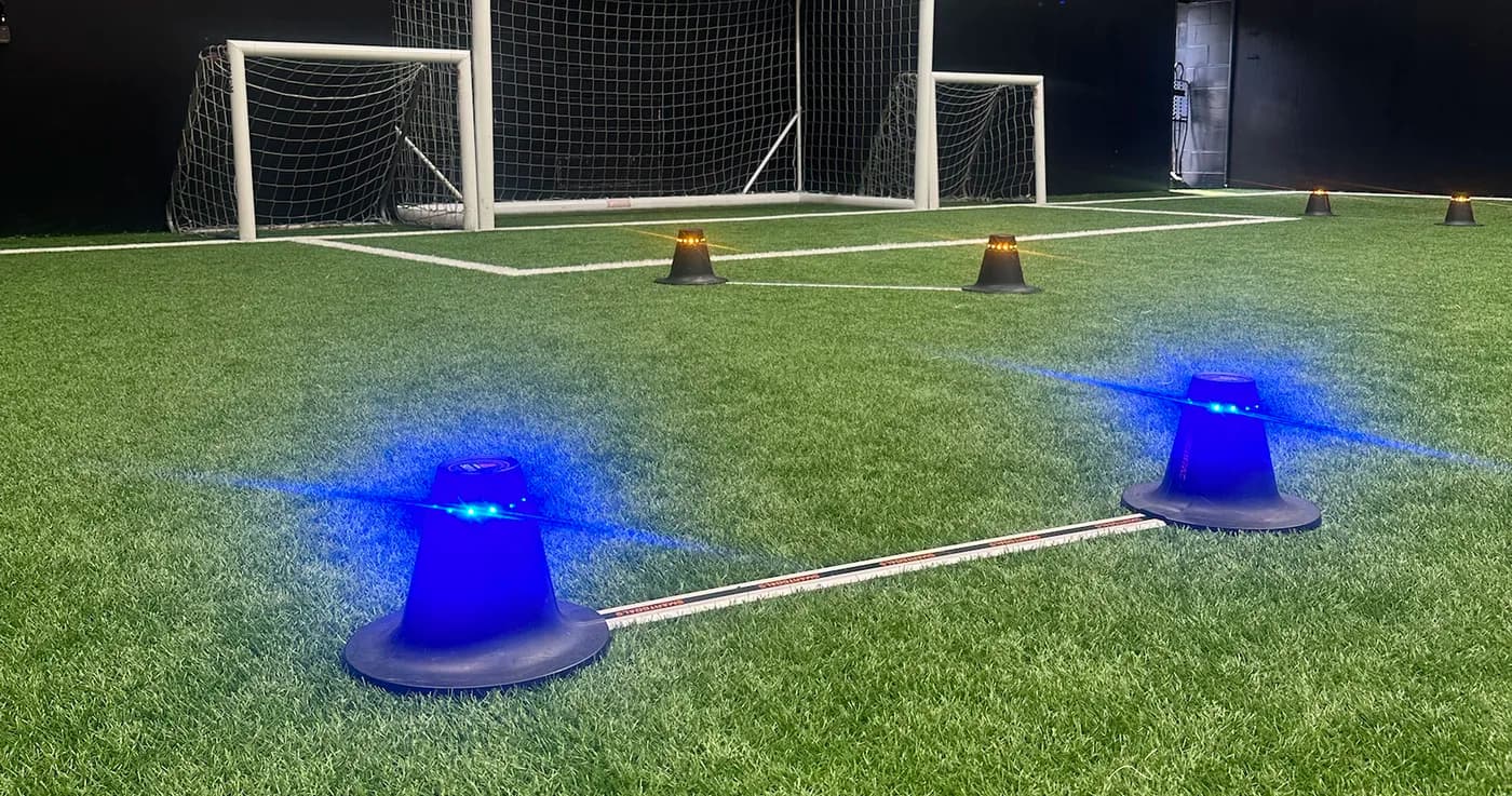 Lit timing gates set out across the pitch at The 7 Academy
