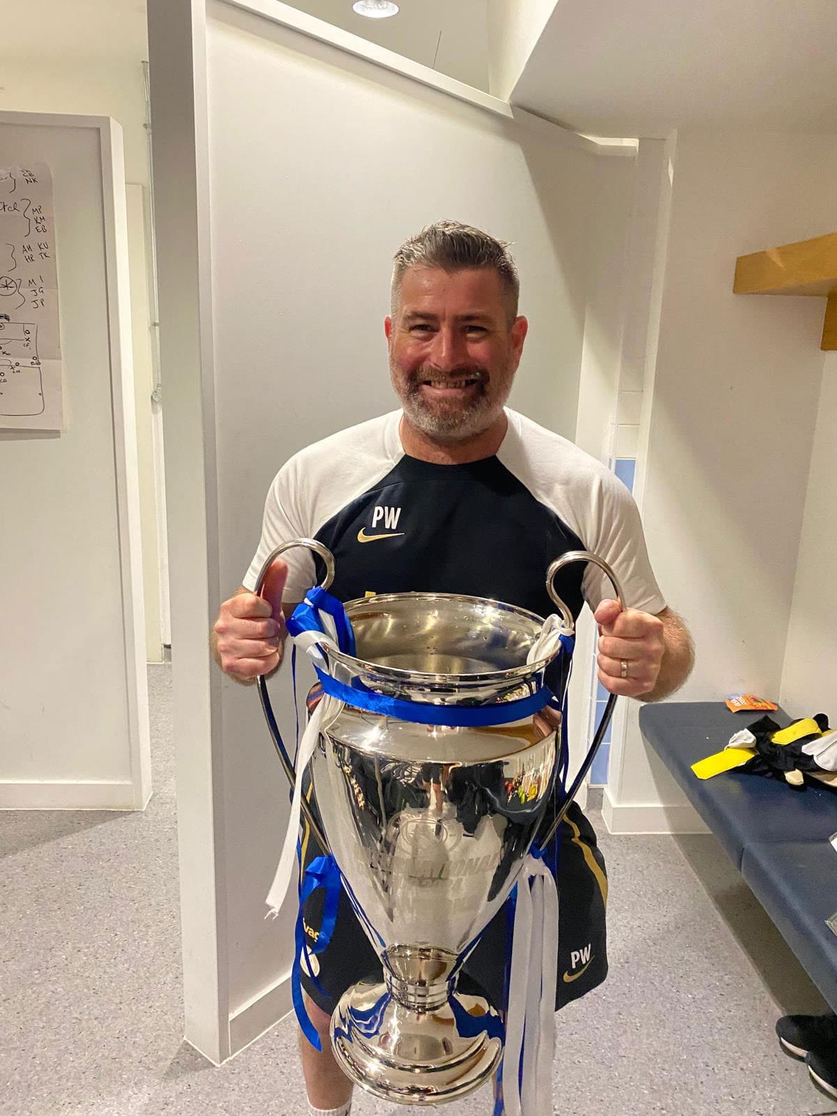 Paul Waldron with the Champions League trophy at Chelsea FC